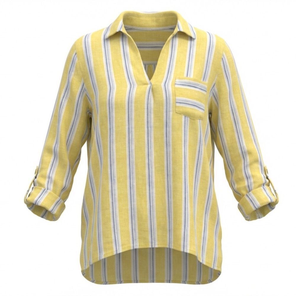 J JILL WOMENS LINEN BLOUSE YELLOW WITH BLUE WHITE STRIPES SIZE L